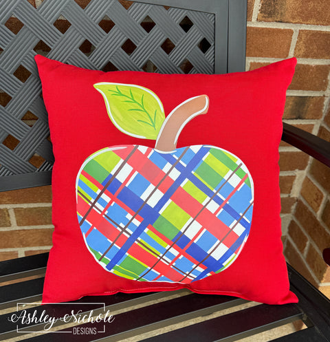Custom Pillow - Back-to-School Plaid Apple on Outdoor Fabric