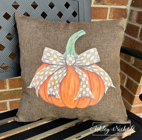 Custom Pillow - Fancy Bow - TAN & WHITE CHECKERED - Pumpkin on Outdoor Fabric