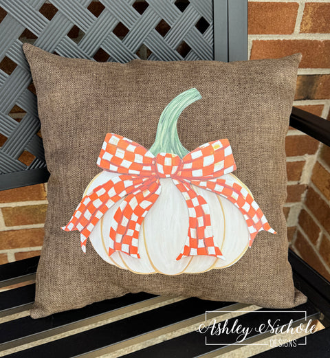 Custom Pillow - Fancy Bow - ORANGE & WHITE CHECKERED - Cream Pumpkin on Outdoor Fabric