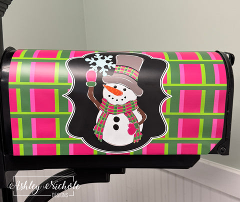 Snowflakes & Plaid Snowman - Magnetic Vinyl Mailbox Cover