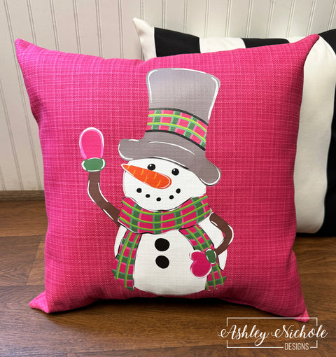 Custom Pillow - Snowflakes & Plaid Snowman on Palette Blush Outdoor Fabric