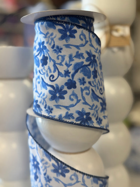 Blue & White Chino Wired Ribbon - 4" x 10yds