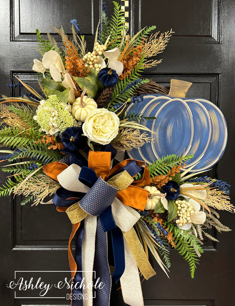 Navy & Cream Pumpkin Wreath