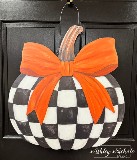 Black & White Check Pumpkin - Door Hanger - (UV Printed)