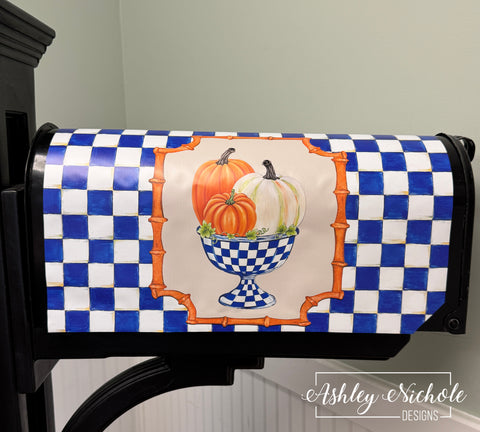 Blue Check Bowl of Pumpkins - Magnetic Vinyl Mailbox Cover