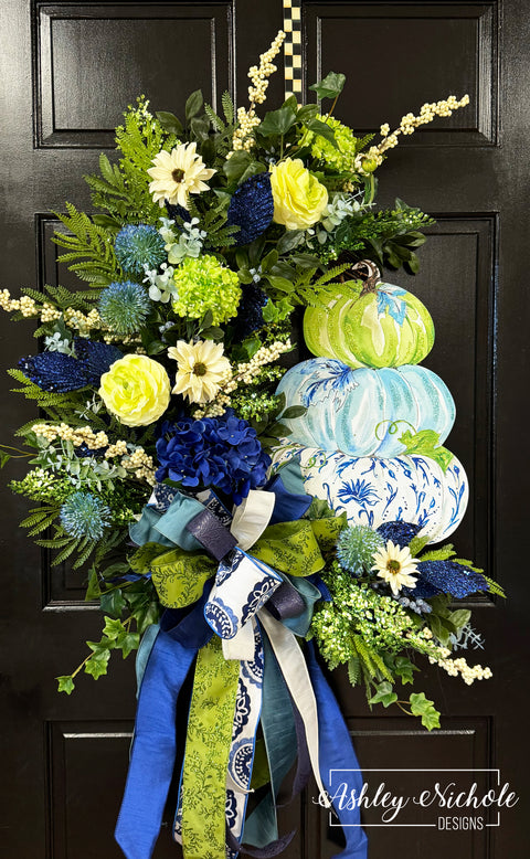 Chinoiserie and Lime Pumpkin Stack Wreath