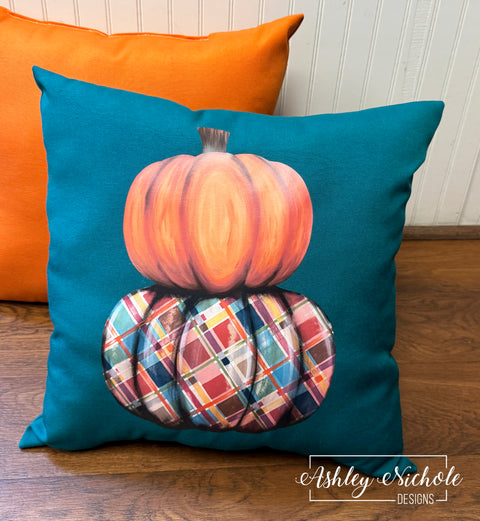 Custom Pillow - Harvest Plaid Pumpkin Stack - Outdoor Fabric