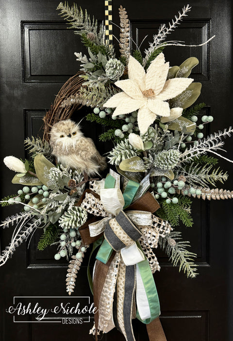 READY TO SHIP - Warm Owl in Winters Snow Oval Wreath