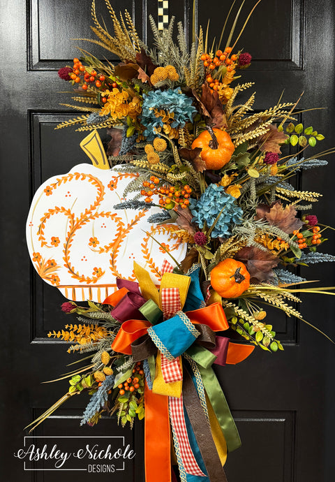 Elegant Orange Chinoiserie Fall Pumpkin Wreath