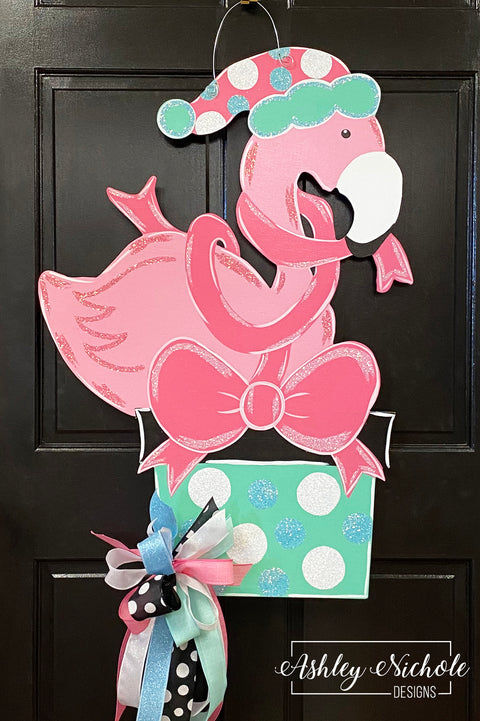 Christmas Flamingo & Present Door Hanger