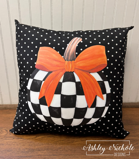 Custom Pillow - Black & White Check Pumpkin on Outdoor Fabric