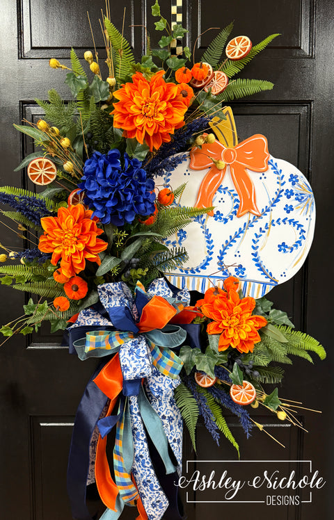 Elegant Fall Chinoiserie Pumpkin Wreath