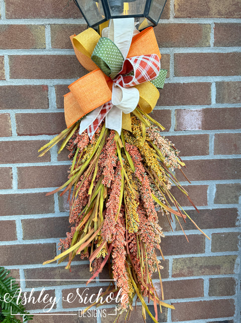 Mini Bead Spike/Grass Teardrop Lantern Swag - Burgundy, Orange & Yellow with BOW