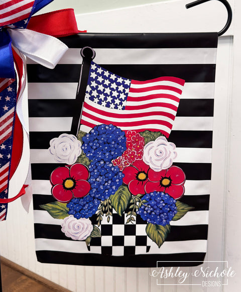 Patriotic Floral Basket with Flag - Vinyl Garden Flag