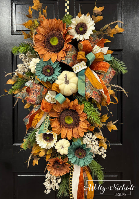 Copper & Teal Sunflower Fall Swag