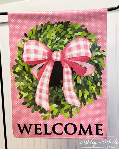 Pretty in Pink Boxwood Wreath - Vinyl Garden Flag