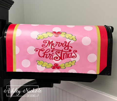 Merry Christmas Holly - Pink & Red - Magnetic Vinyl Mailbox Cover