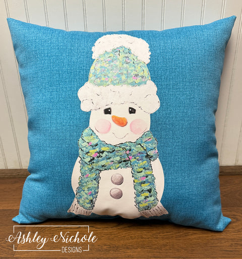 Custom Pillow - Snuggled Up For Winter Snowman on Blue Outdoor Fabric