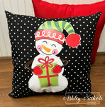 Custom Pillow - Cheery Snowman Christmas on Black & White Mini Dot Outdoor Fabric