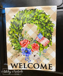 Patriotic FLORAL Boxwood Wreath - Vinyl Garden Flag