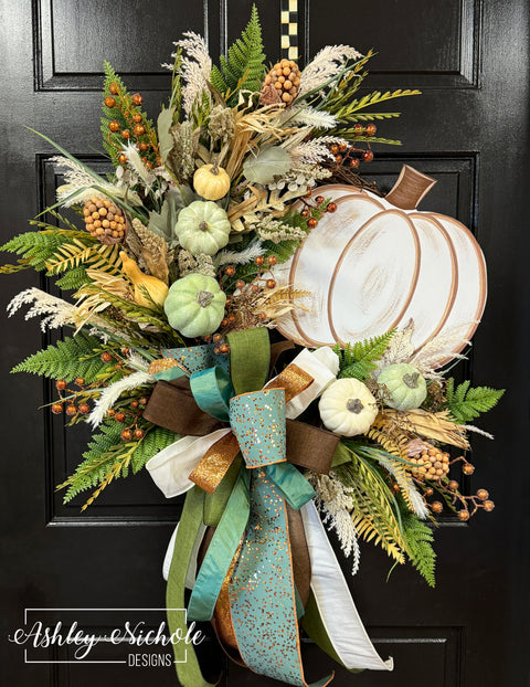 Boho Neutral Blue & Cream Pumpkin Wreath