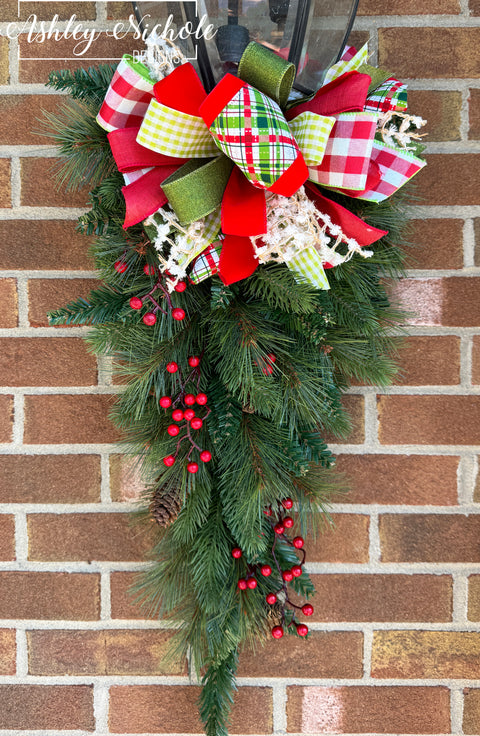 30" Evergreen with Berries - Lantern Swag & Bow