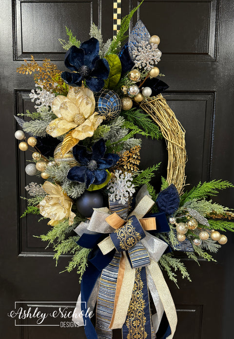 Glitzy Navy, Gold & Silver Christmas Wreath