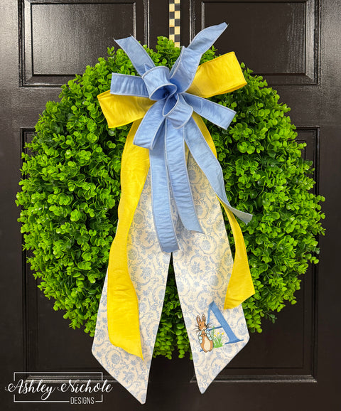 Embroidered Peter Rabbit Initial Sash Bow Eucalyptus ROUND Wreath - 28"- UV Protected