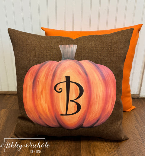 Custom Pillow - Harvest Pumpkin with initial on Outdoor Fabric