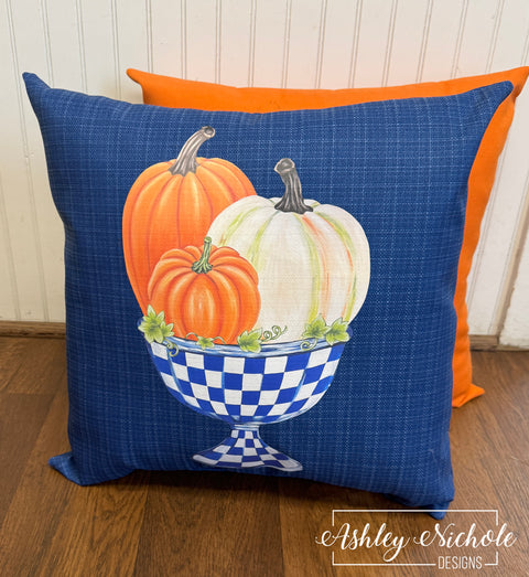 Custom Pillow - Blue Check Bowl of Pumpkins on Outdoor Fabric