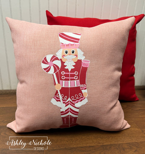 Custom Pillow - Nutcracker - Pink & Red Candy Christmas on Blush Pink Outdoor Fabric