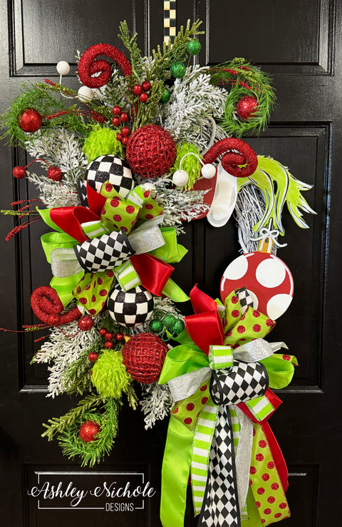 Grinch Inspired Hand & Ornament - Christmas Wreath