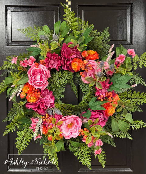 Garden of Pink Peonies Round Wreath