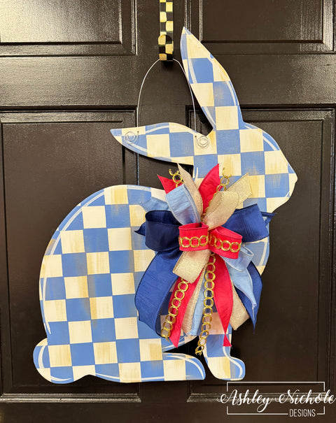 Blue Checkered Bunny Door Hanger - HAND PAINTED