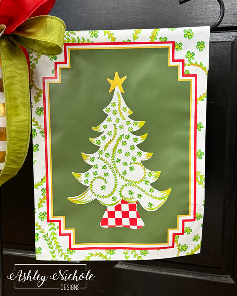 Christmas Tree - Chinoiserie Green & White - Vinyl Garden Flag