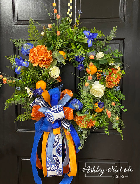 Blue Dutch Iris & Orange Blossom Wreath