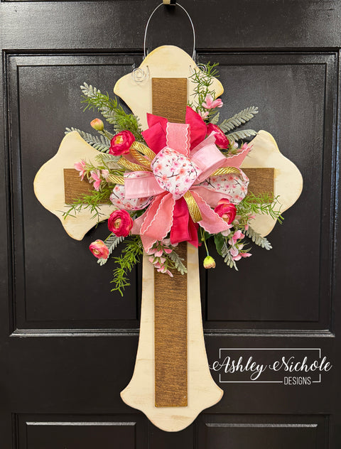 Wooden Cross Floral Door Hanger - PINKS