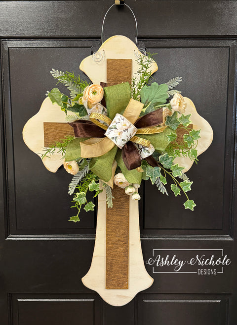 Wooden Cross Floral Door Hanger - NEUTRALS (Hand-Painted)