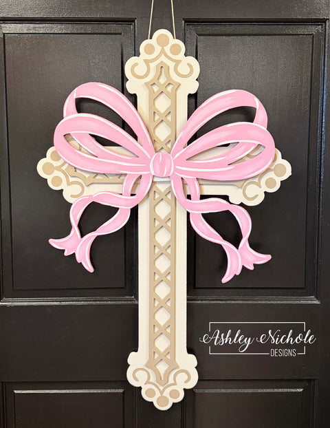 **Fancy Cross with Wooden Bow Door Hanger (Hand-Painted)
