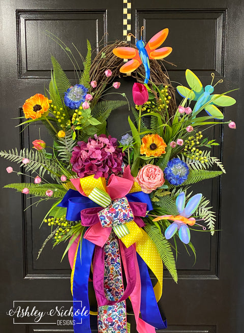 Dragonfly Floral Colorful Wreath
