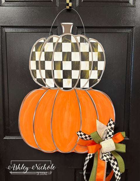 Fancy Checkered Pumpkin Stack Fall Door Hanger (Hand-Painted)
