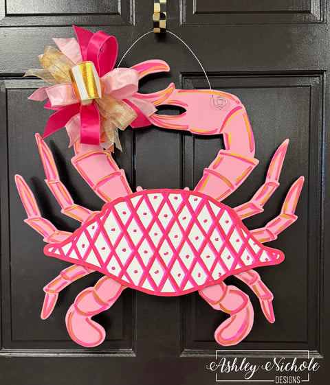 Chinoiserie Crab Door Hanger - Pink (Hand-Painted)