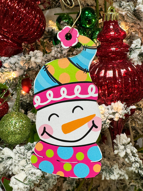 Colorful Patchwork Snowman - Wooden Christmas Ornament