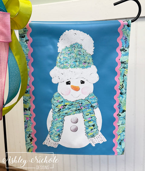 Snuggled Up For Winter Snowman - Vinyl Garden Flag