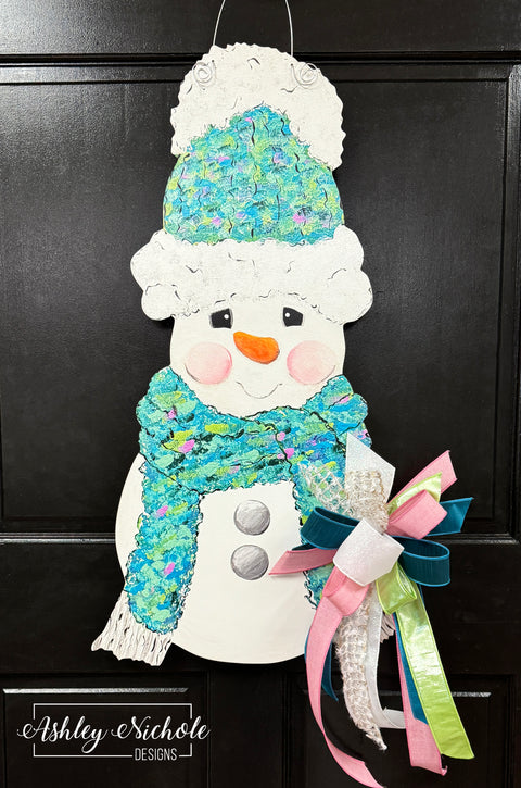 READY TO SHIP - Snuggled up for Winter Snowman - Door Hanger (UV PRINTED Only)