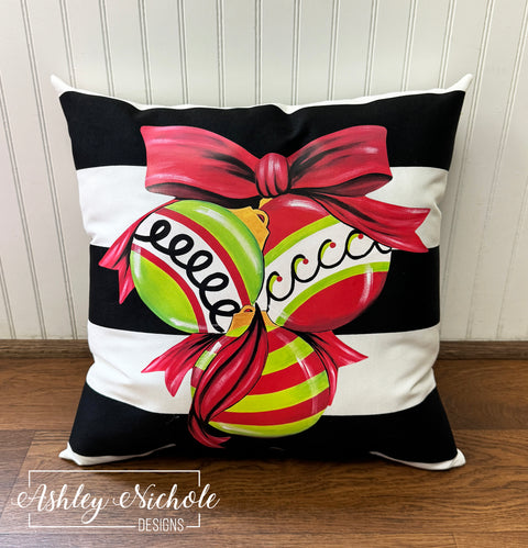 Custom Pillow - Cluster of Christmas Ornaments on Black & White Outdoor Fabric