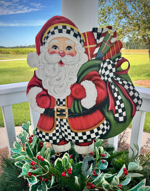 Elegant Checkered Christmas Santa - Christmas Corrugated Coroplast Yard Stake