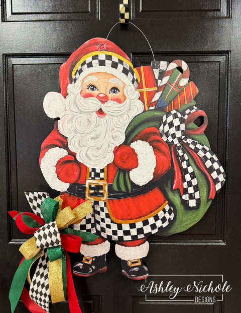 Elegant Checkered Christmas Santa - Door Hanger (UV Printed)