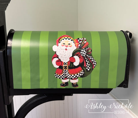 Elegant Checkered Christmas Santa - Magnetic Vinyl Mailbox Cover
