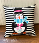 Custom Pillow - Winter Sweetheart Penguin on Black & White Thin Stripe Outdoor Fabric